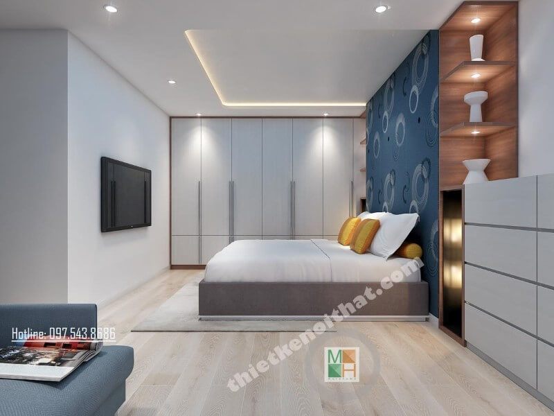 Điểm nhấn hoàn hảo cho không gian riêng tư của gia chủ chính là bộ giường ngủ bọc vải đầy ấn tượng