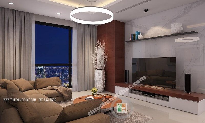 Mẫu thiết kế nội thất chung cư Royal City theo phong cách hiện đại với màu nền trắng trang nhã mang đến cảm giác gần gũi, ấm cúng