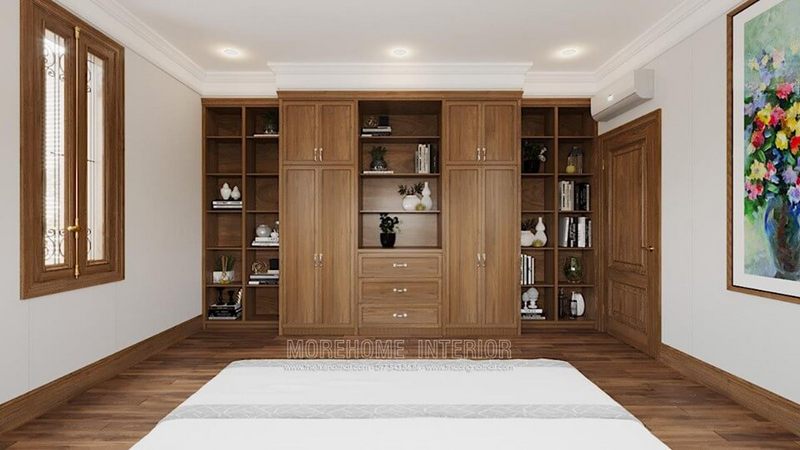 Kệ để đồ giúp bạn tạo nên một không gian nội thất phòng ngủ đẹp mắt với tủ quần áo nhỏ.