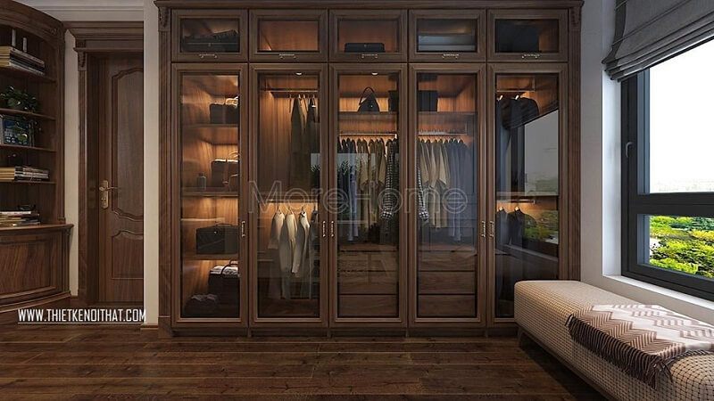 Mẫu tủ quần áo cao cấp được làm bằng gỗ tự nhiên kết hợp cửa kính sang trọng