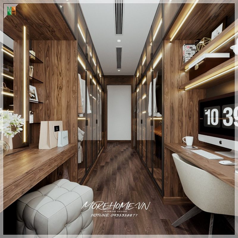 Tủ quần áo âm tường gỗ tự nhiên cánh kính hiện đại trang trí sắp xếp những món đồ ngăn nắp gọn gàng.