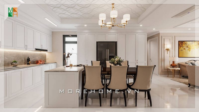 Mẫu thiết kế nội thất phòng ăn liền bếp rất tiện nghi và thuận tiện trong quá trình diễn ra nấu nướng phục vụ nhu cầu sinh hoạt, phù hợp cho không gian nhà chung cư cao cấp, biệt thự, nhà phố.
